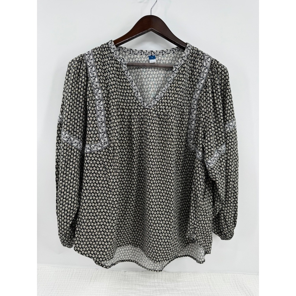 Old Navy‎ Peasant Blouse Popover Top XL Black Cream Floral V-Neck Long Sleevee